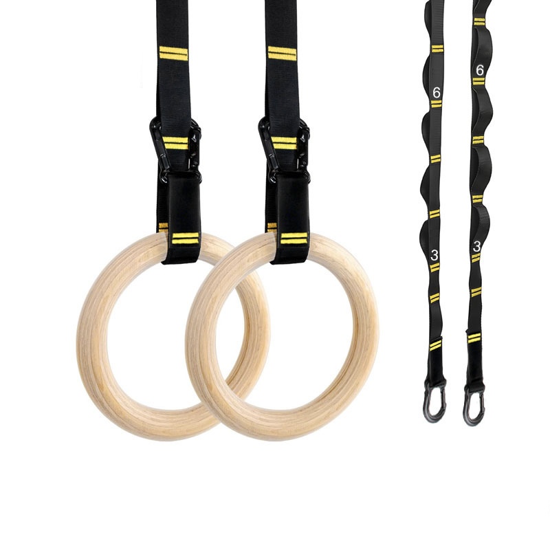 Home Gym Online - ห่วงยิมนาสติกแบบดึงขึ้นขนาด 28 มม. 32 มม. ห่วงไม้กันลื่นพร้อมสายรัดปรับได้สำหรับออกกำลังกายที่บ้าน