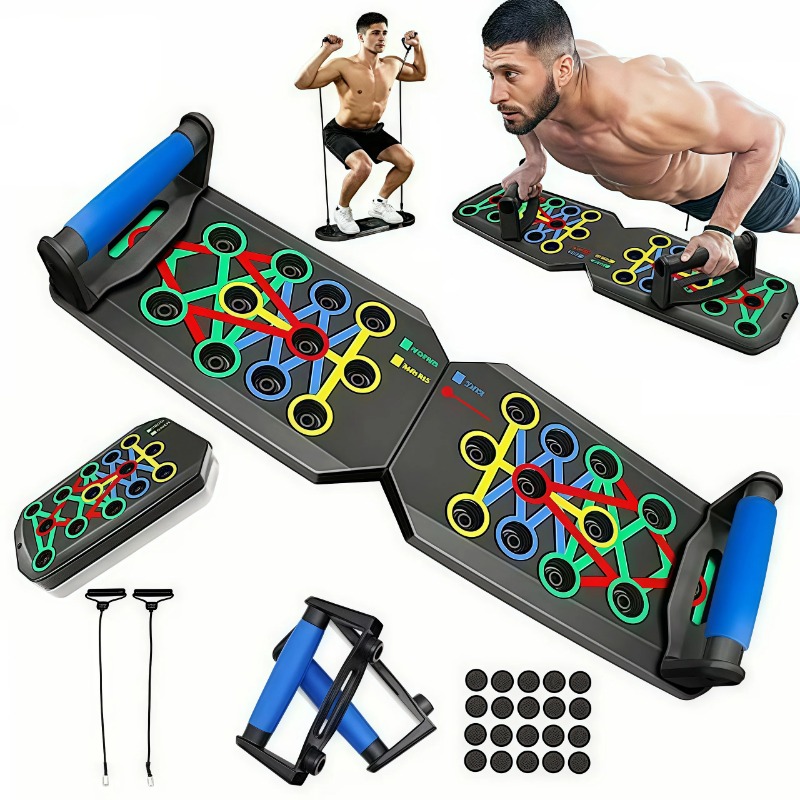 Home Gym Online - บอร์ดวิดพื้นแบบพับได้พร้อมสายยางยืด, บาร์วิดพื้นอเนกประสงค์, อุปกรณ์ออกกำลังกายแบบพกพาสำหรับใช้ในบ้าน, ระบบฝึกกล้ามเนื้อหน้าอก หลัง ไหล่